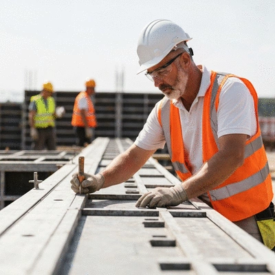 Construction worker inspecting aluminum formwork on a job site