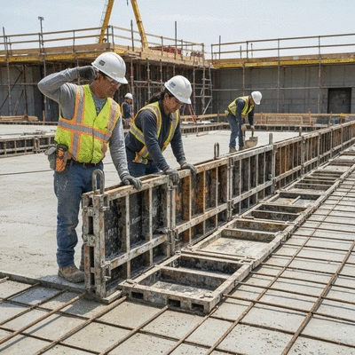 Construction workers installing aluminum formwork on a concrete slab, modern and efficient