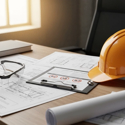 Close-up of construction blueprints and safety regulations documents on a desk, with a hard hat and safety glasses, emphasizing compliance and planning