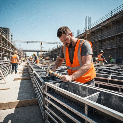 Construction worker assembling aluminum formwork panels on a construction site