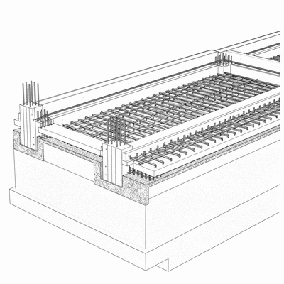 Detailed cross-section of a concrete slab with visible support beams and reinforcement, showing load distribution, no text, no words, no typography, 8K, architectural blueprint style