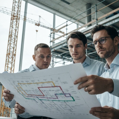 Architects reviewing a construction project timeline on a blueprint
