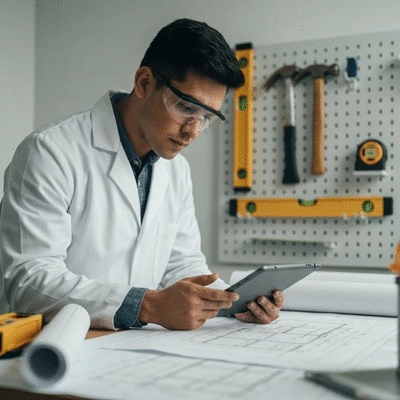 Engineer reviewing structural analysis data on a tablet with blueprints in the background