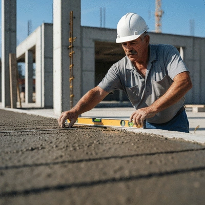 Professional contractor using a level to inspect a newly poured concrete slab, construction site, no text, no words, no typography