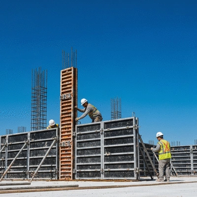 Modern construction site with aluminum formwork being assembled, clear blue sky, workers in safety gear, professional photography, no text, no words, no typography, 8K