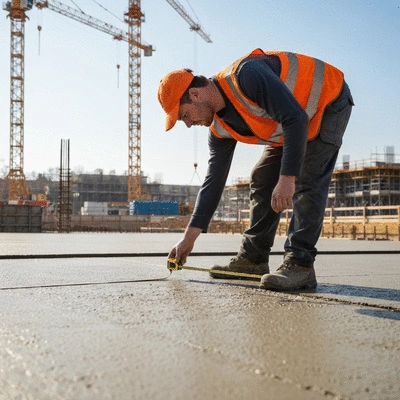 Construction worker inspecting a concrete surface for thickness and quality