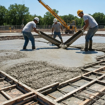 Construction workers pouring and leveling wet concrete for a new slab, with formwork visible.