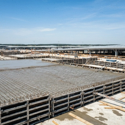 Modern airport terminal under construction using aluminum formwork