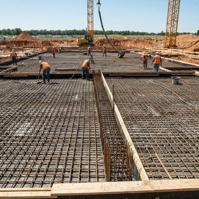 Construction site with waffle slab foundation being laid, workers in safety gear