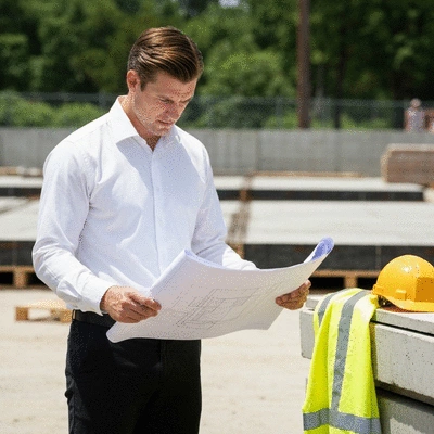Architect reviewing blueprints for a concrete slab project on a construction site