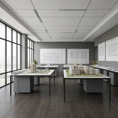 Modern office interior with blueprints and construction models