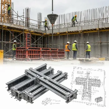 Modern aluminum formwork system with construction workers and a blueprint